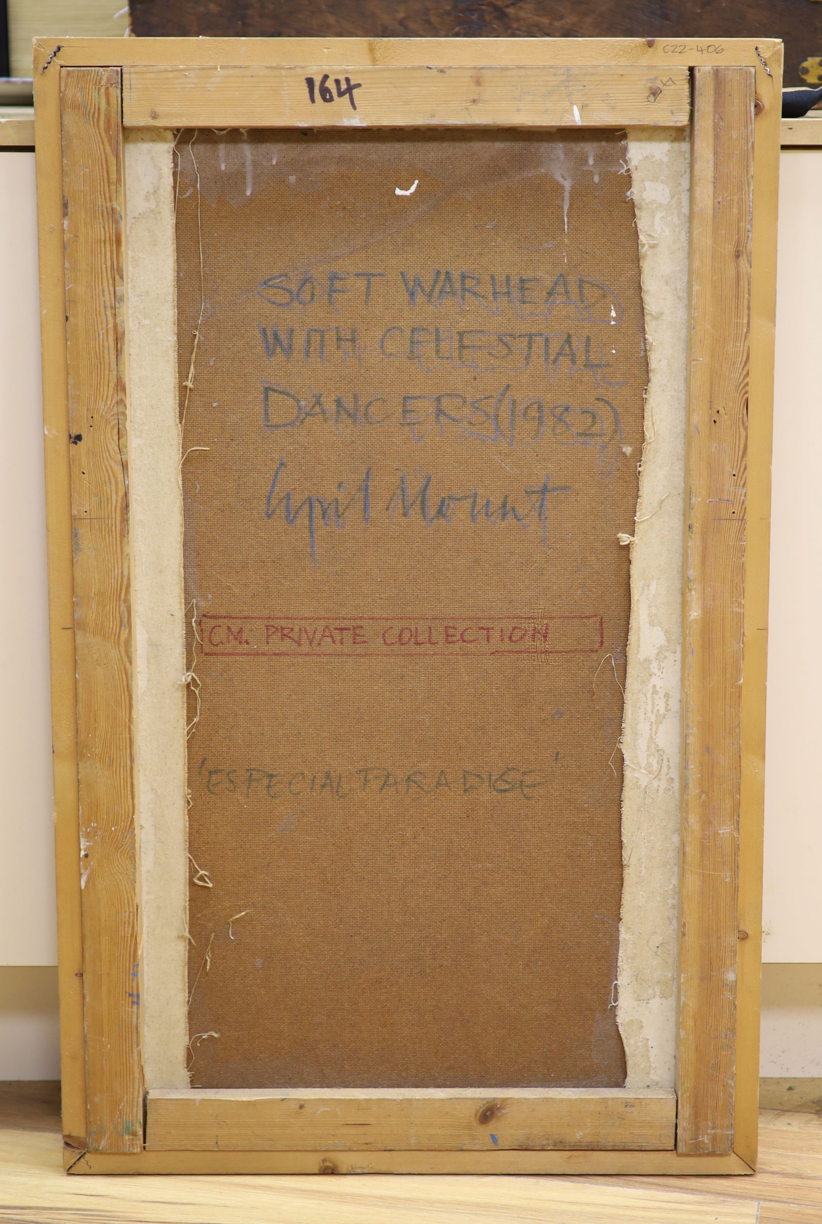 Cyril Mount, oil on canvas laid on board, 'Soft Warhead with Celestial Dancers', inscribed verso, 84 x 51cm